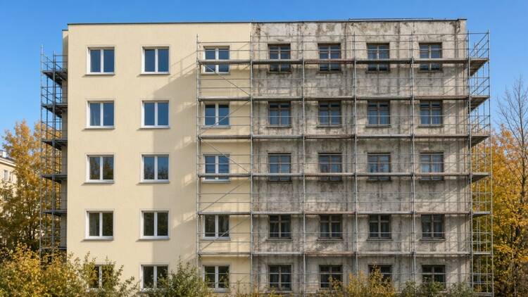 Fasada stanovanjskega bloka med energetsko prenovo, delno že toplotno izolirana, z gradbenim odrom