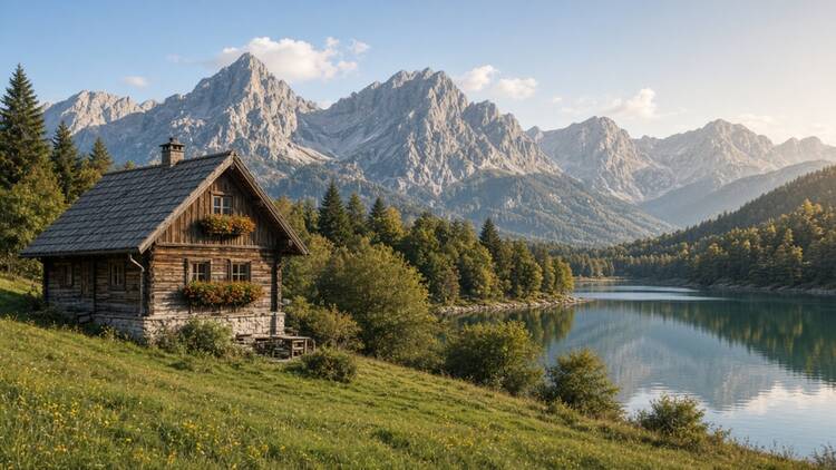 Lesena alpska počitni&scaron;ka hi&scaron;a na travniku ob gorskem jezeru pod vrhovi Julijskih Alp