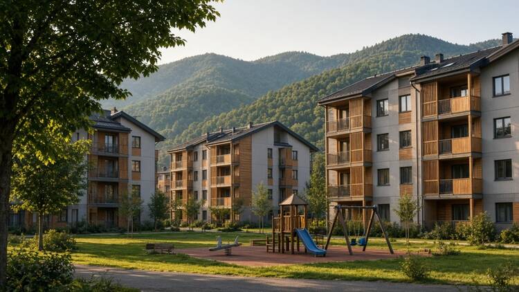 Nova najemna stanovanjska soseska z igriščem v manjšem slovenskem kraju pod hribi